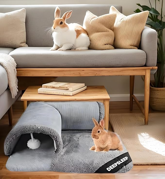 Rabbit Tunnel Bed with Removable Plush Mat - Soft Hideout & Play Tube for Bunnies, Guinea Pigs, Chinchillas, Cats, Bunny-Cozy Small Pet Toy, Grey (Grey, Large-23"x23"x1")
