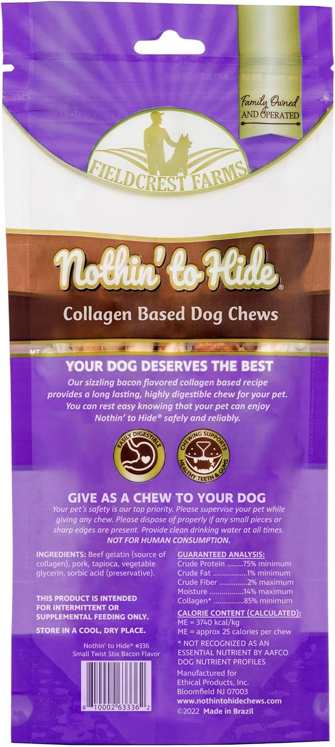 Fieldcrest Farms Nothin' to Hide Twist Stix, Bacon Flavor, Easily Digestible, Supports Skin, Coat, Joints & Muscles, for Moderate Chewers Under 15lbs, 10 Pieces