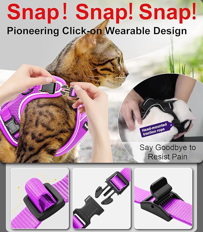 Cat Harness and Leash for Walking Escape Proof Soft Adjustable Cat Leash Breathable Comfortable Vest Easy to Wear Kitten Harness for Outdoor Travel (Purple, M (13-18lb))