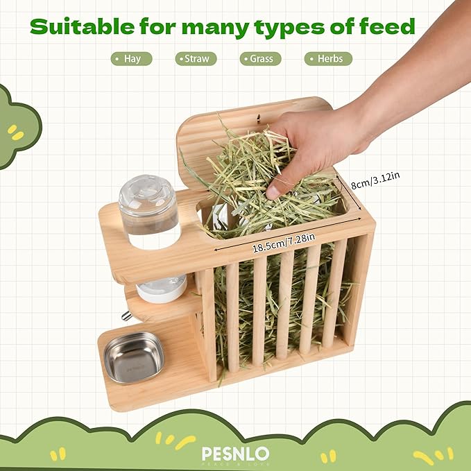 Small Animals Hay Rack with Height-Adjustable Water Bottle.Natural Wood. Wooden Bunny Hay Holder Feeder for Rabbit, Guinea Pig, Hamster, Hedgehog, Chinchillas