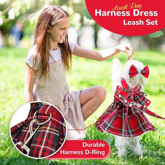 PETCARE Cute Dog Dress Clothes for Small Dogs Cats Girl Female Red Plaid Bow Tie Dog Harness Dresses Leash Set with Pearls Bow Accessories Birthday Puppy Dress Shih Tzu Yorkies Chihuahua Outfits