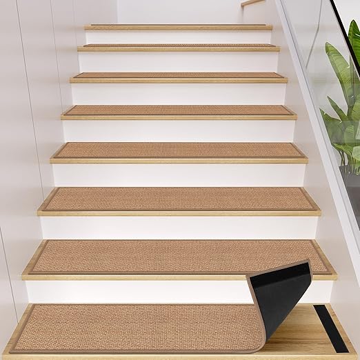 GOYLSER Peel and Sticker Jute Stair Treads Non Slip for Wooden Steps Indoor, 15 Pack Rubber Backed Stair Pads Rug, Removable Khaki Adhesive Staircase Mat Step Cover Traction, Camel