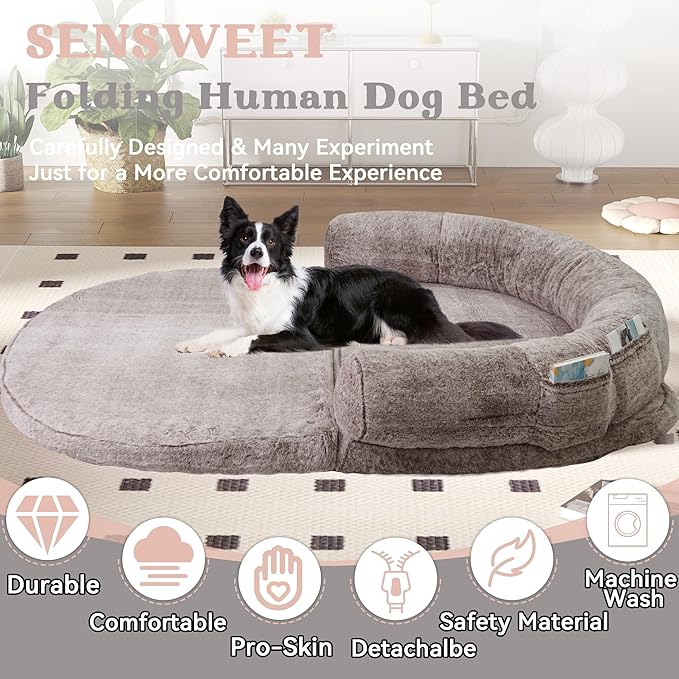 2 in 1 Foldable Human & Dog Bed, 72"x48"x11" Extra Large Orthopedic Memory Foam Bed for Adults & Pets, Ultimate Comfort Washable Fur & Blanket, Brown