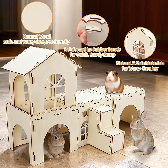BWOGUE Extra Large Wooden Rabbit Hideout Castle, Detachable Bunny Castle for Rabbits Chinchillas Guinea Pigs, Sturdy Bunny Play House Indoor with Stairs, Small Animal Play Hideaway Hutch