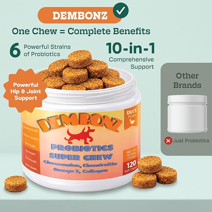 Probiotics for Dogs, Hip Joint Supplement for Dogs – Hip and Joint Plus Gut Health Chews, Glucosamine, Chondroitin, Omega 3, Collagen & Probiotics, Supports Digestion Joints and Hips, Immunity, Fur