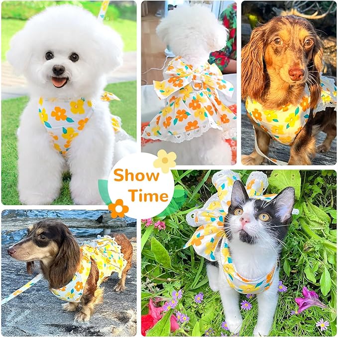 ABRRLO Dog Harness Dress Leash Set for Small Dog Summer Clothes Girl Female Puppy Cats Outfits Cute Floral Bowknot Princess Birthday Dress for Extra Small Pet Doggie Kitten Outfits Apparel(Yellow,M)