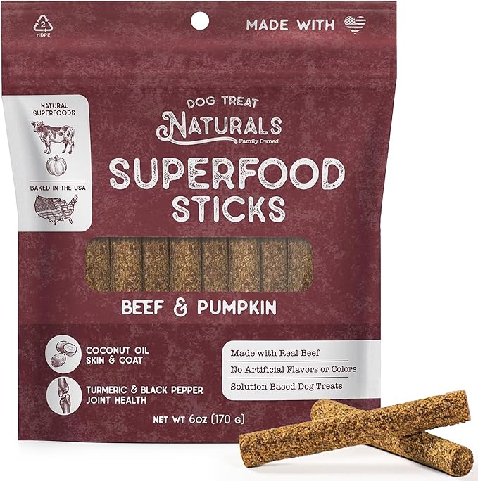 Dog Treat Naturals Superfood Sticks, Beef & Pumpkin, 6oz Bag | Dog Chew Sticks | All-Natural, Pet Training Treats | Joint-Skin-Coat Health | USA Made