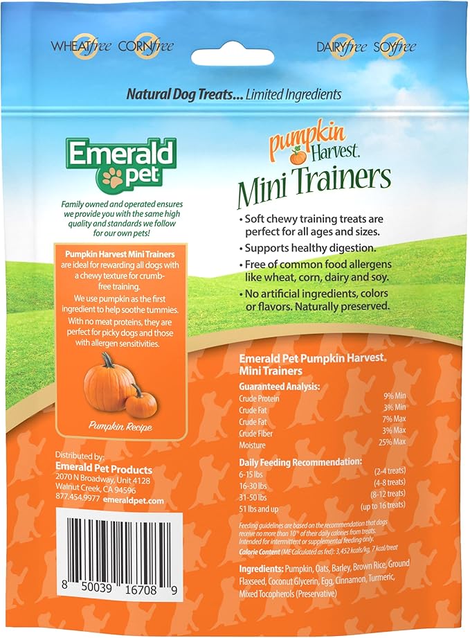 Emerald Pet Pumpkin Harvest Mini Trainers Chewy Dog Treats Made in The USA, Pumpkin 6oz (Pumpkin Mini)