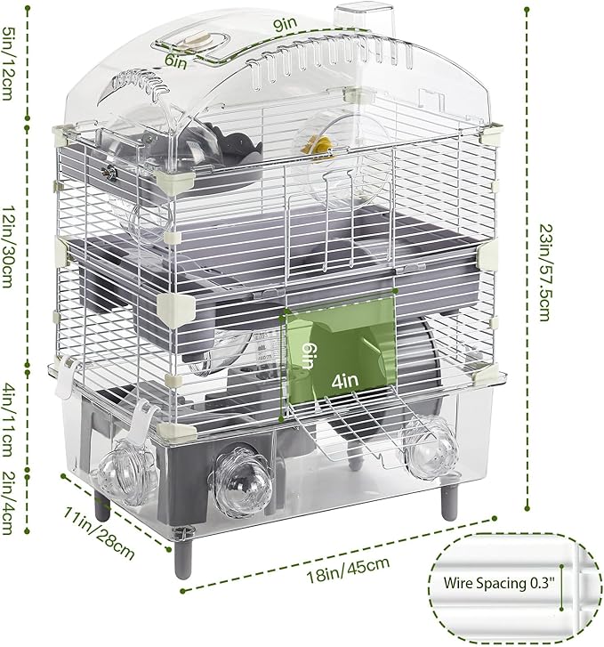 Multilevel Hamster Cage Starter Kit 18″Lx11″Wx23″H for Dwarf Hamster Under 3″ in Length with Platforms, 3 Tube Ports, Bathtub, Food Bowl, Steps, 2 Exercise Wheels, Doors, House, Water Bottle