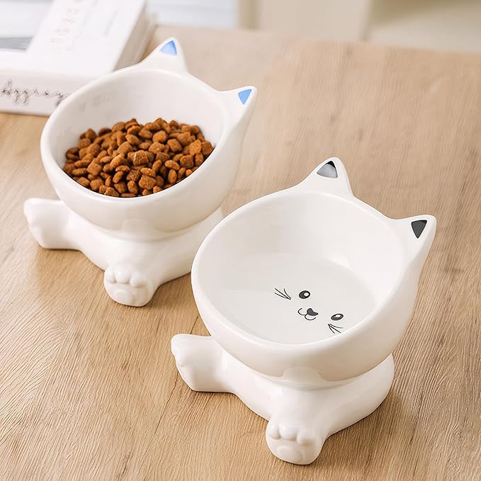 Raised Cat Bowl, 4.9 Inch Ceramic 3D Elevated Cat Food Bowl and Water Bowls, Cute Kitten Dishes 4.5 OZ, Anti-Vomiting & Whisker Fatigue Friendly, Stress-Free for Indoor Cats, 1 Piece