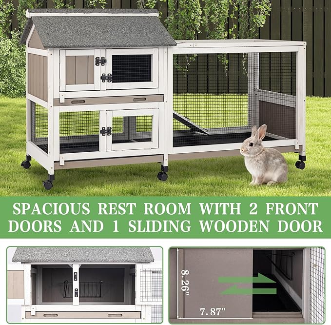 Gowoodhut 2-Story 60.6"L Rabbit Hutch Indoor and Outdoor with 6 Wheels,Wooden Rabbit Cage with 3 Pull Out Leak-Proof Trays for 2-4 Rabbits,Bunny Hutch with Asphalt Roof Bunny Cage with 6 Accesses,Grey
