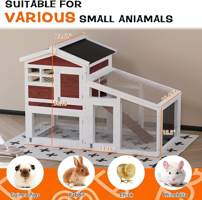 Garvee Wooden Rabbit Hutch Indoor and Outdoor, Rabbit Cage with Removable Wire Netting and Leak Proof Tray, Weatherproof Bunny Cage with Anti-Chew Metal Frame Ramp for Small Animals Rufous White