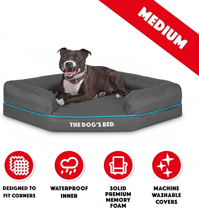 The Dog’s Bed Orthopedic Memory Foam Corner Dog Bed, Calming Surface – CertiPUR-Certified Foam, Oxford Fabric, Grey with Blue Trim, Medium