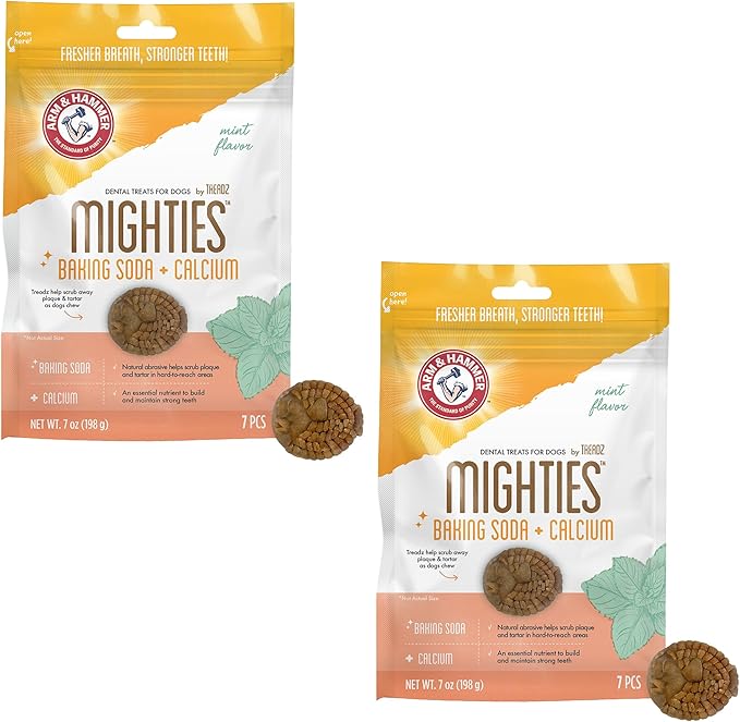 Arm & Hammer for Pets Mighties by TREADZ, Dental Treats for Dogs with Baking Soda & Calcium, Help Fight Bad Breath, Plaque & Tartar, Mint, Tough Puffer Shaped, 7 Pcs - 2 Pack