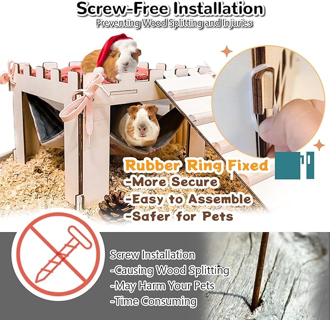 Guinea Pig Hideout with Hammock,Large Wooden Guinea Pigs House with Stairs and Mats,Detachable Guinea Pig Hide for Small Animals Hamster Chinchilla Ferret Habitats Accessories