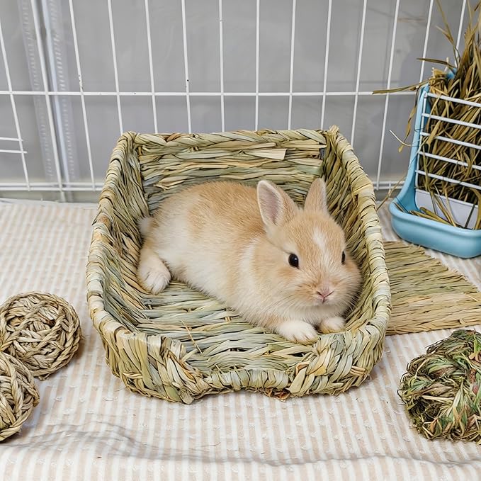 Hamiledyi Rabbit Grass Bed Natural Handmade Hay Mat Chew Balls for Rabbit Gerbil Chinchilla Guinea Pig Ferret Other Small Animals