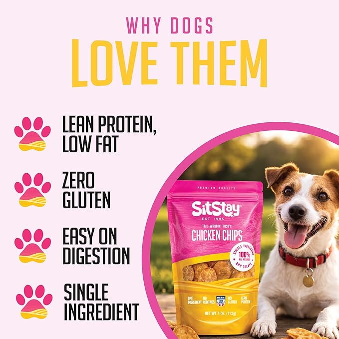 sitstay Chicken Chips Dog Treats, Single Ingredient Dog Treat, High Protein, Low Fat, Grain Free Chicken Chips for Dogs for Training, Rewards and Sensitive Stomachs - Made in USA - 12 oz