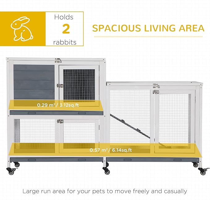 PawHut Wooden Rabbit Hutch Bunny Hutch Elevated Pet House Cage Small Animal Habitat with No Leak Tray Lockable Door Openable Top for Indoor 57.75" x 18" x 32.5" Grey