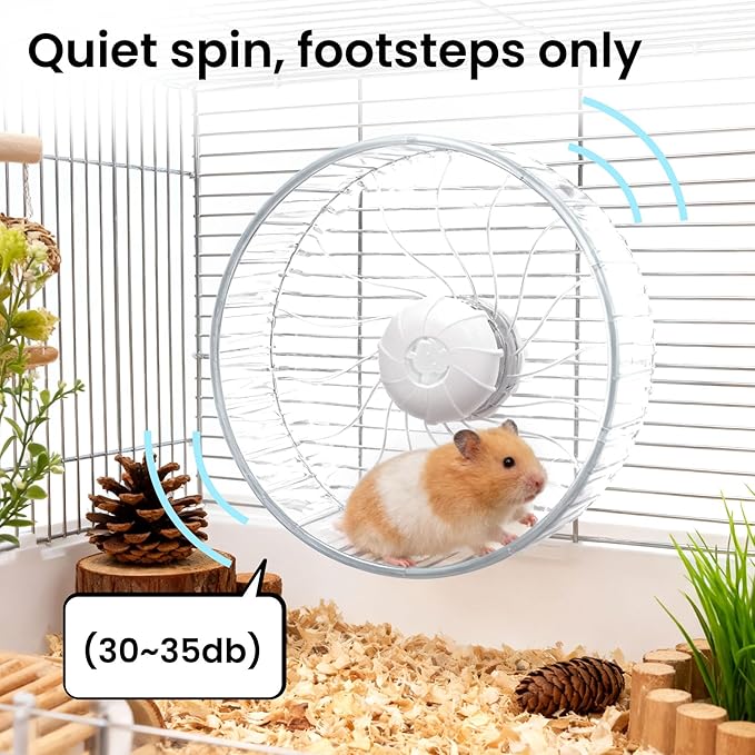 Silent Hamster Wheel, 8in Hamster Wheel No Stand, Double-Bearing Quiet Spinner for Syrian Hamsters, Hedgehogs, Mice & Small Pets, Clear