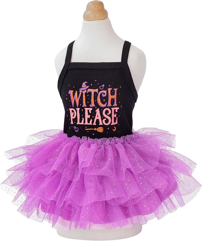 Fitwarm Witch Please Halloween Dog Tutu Dress, Funny Halloween Costumes for Small Girl Dogs, Pet Outfit, Black, Purple, Small
