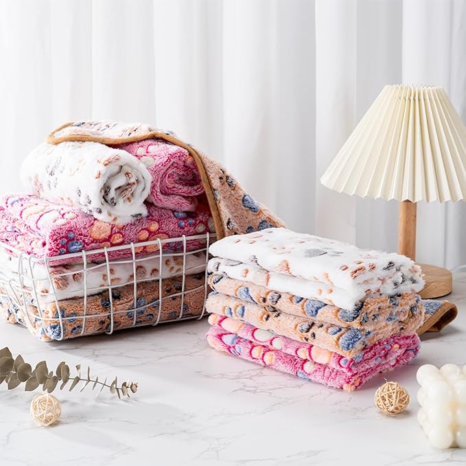 1 Pack 3 Blankets Super Soft Fluffy Premium Fleece Pet Blanket Flannel Paw Printed Throw for Dog Puppy Cat (Small 23x16'', White, Pink, Blue)