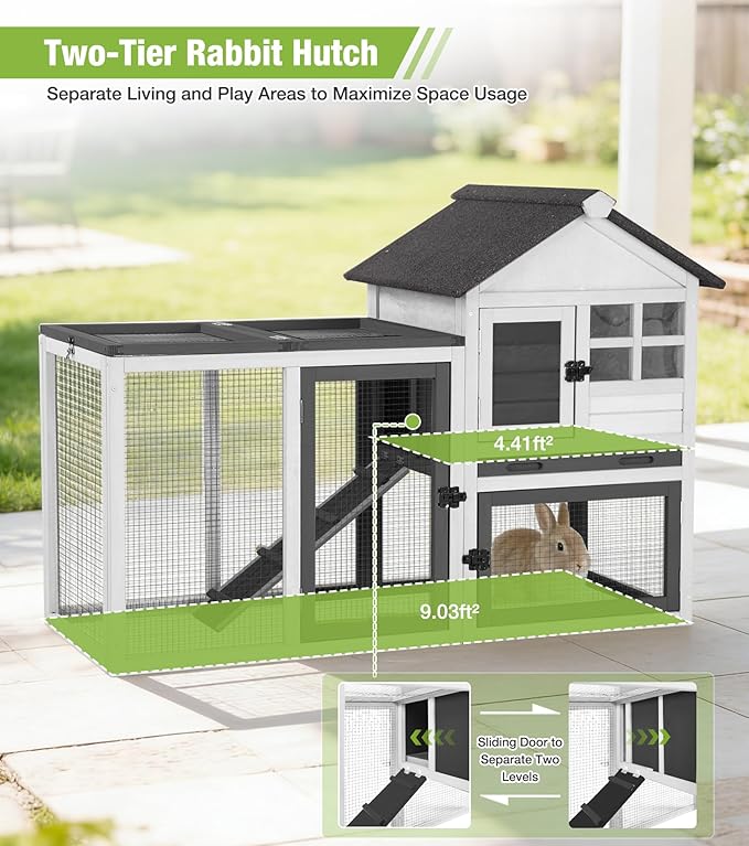GUTINNEEN Rabbit Hutch Outdoor Rabbit Cage Indoor 51.6" L Waterproof Bunny Cage with Chew-Proof Ramp and Lockable Doors for Indoor Outdoor Use Black and White