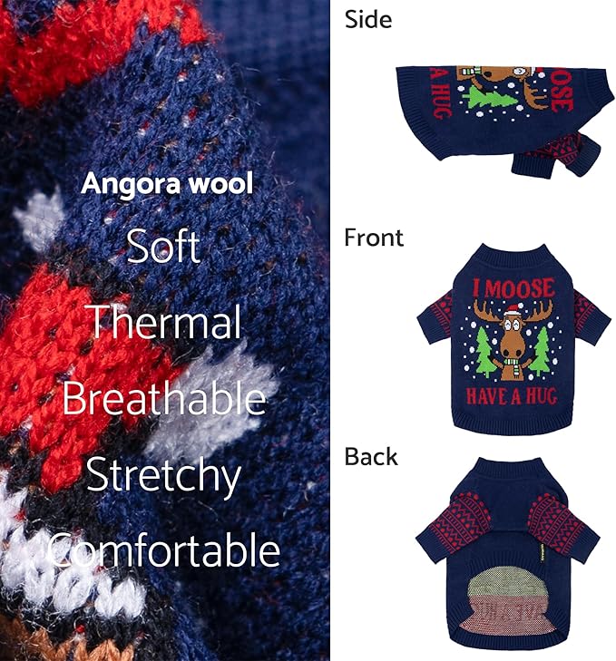 Fitwarm Funny Moose Dog Ugly Christmas Sweater, Winter Dog Clothes for Small Dogs Girl Boy, Pet Xmas Outfit, Navy, Large