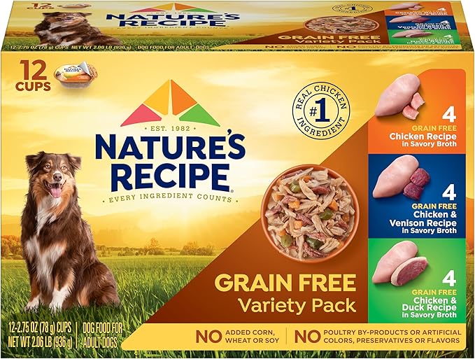 Nature's Recipe Grain Free ChickenRecipe, Chicken & VenisonRecipe and Chicken & Duck Recipe in Savory Broth Variety Pack Wet Dog Food, 2.75 oz. Cups,(Pack of 48)