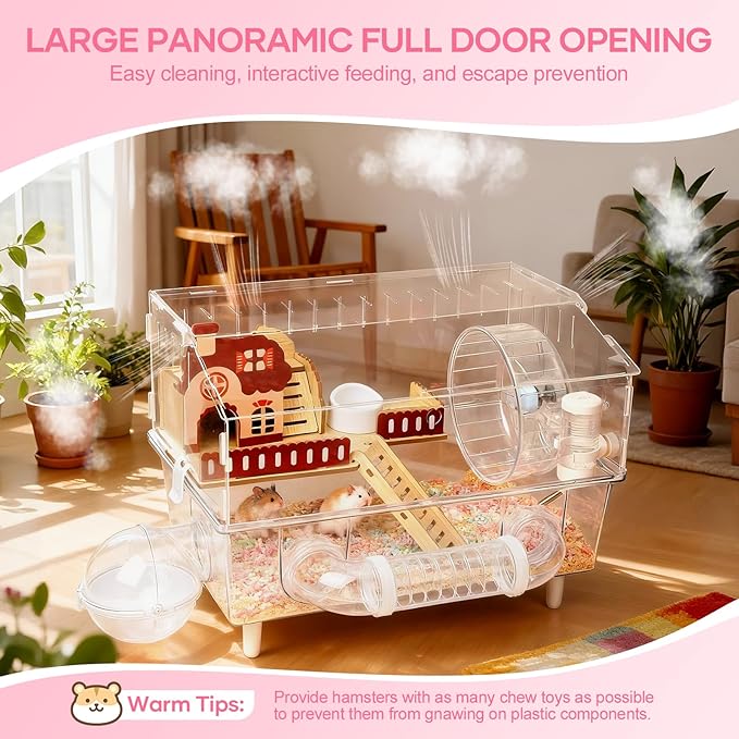 Large Hamster Cage 9 in 1 with All Accessories, 2-Layer Acrylic Hamster House with Full Transparent Viewing,Top Open Mouse Cage for Pet Mice,Hamster Habitat for Dwarf Hamster, Gerbils (Transparent)