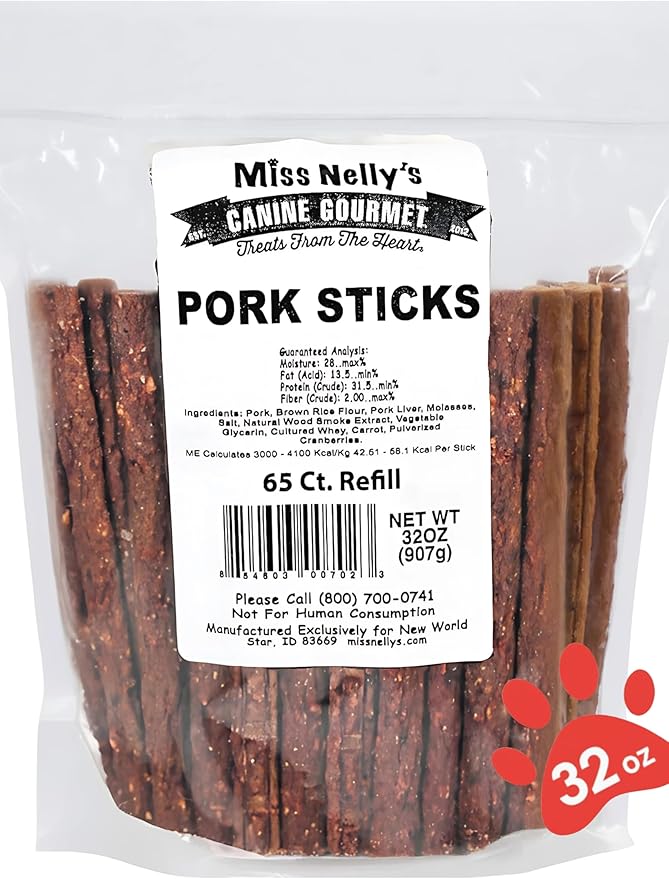 Miss Nelly's- All Natural Pork Jerky Dog Treats Made in USA Only-Original Smoke House Recipe-Minimally Processed Soft Sticks Dog Jerky Treats-32 oz. Bags
