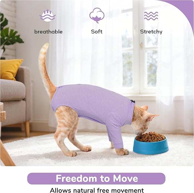 PUMYPOREITY Cat Front Leg Recovery Suit, Surgical Spay Suit with Leg Sleeves to Stop Licking, Machine Washable & Comfort Fit, Long Rear Sleeve Prevents Scratching & Biting, Purple, S