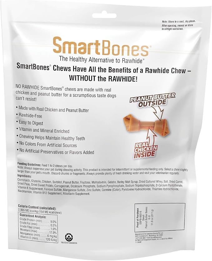 SmartBones Small Bones Chicken & Peanut Butter No-Rawhide Dog Chews,11 oz.,Count of 6,(Pack of 3)
