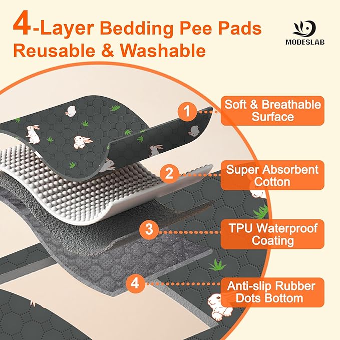 4-Pack Guinea Pig Cage Liner, 16in x 30in Fast Absorption Washable Bedding Pee Pads for Dogs Puppy Rabbit Small Animal Cage Mat, Leakproof & Non-Slip