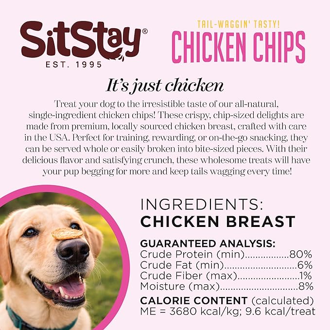 sitstay Chicken Chips Dog Treats, Single Ingredient Dog Treat, High Protein, Low Fat, Grain Free Chicken Chips for Dogs for Training, Rewards and Sensitive Stomachs - Made in USA - 12 oz