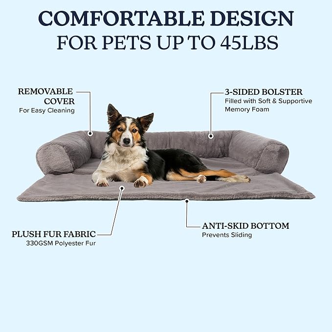 Couch Cover for Dogs Washable - 36x36in Plush Dog Couch Cover Protector for Medium Pets - Washable Pet Furniture Protector with Foam Bolster and Non-Slip Bottom - Puppy Essentials by PETMAKER (Gray)