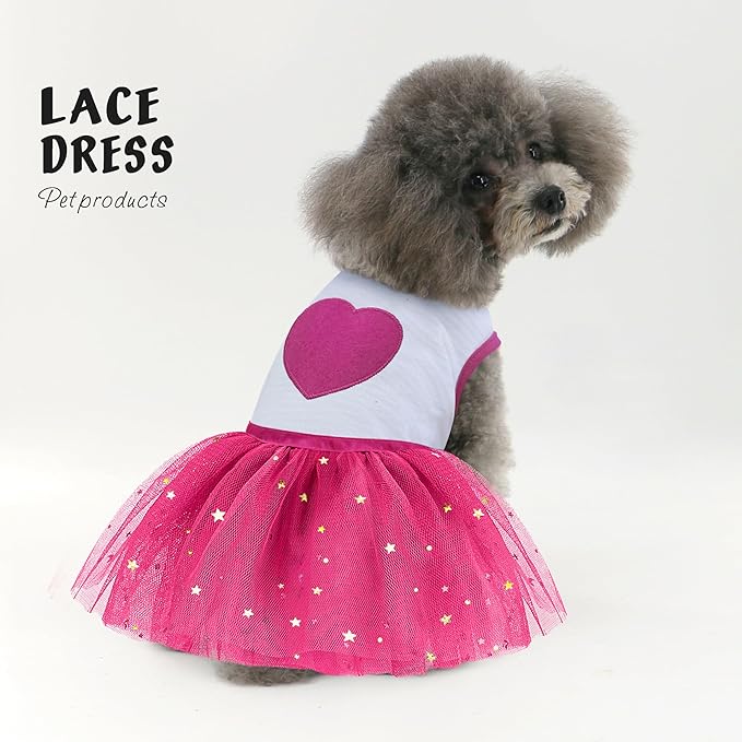 Idepet Spring Summer Pet Dog Cat Puppy Tutu Princess Dress Heart Printed Lace Dog Skirt Pet Apparel Dog Dress (Rose Red, M)