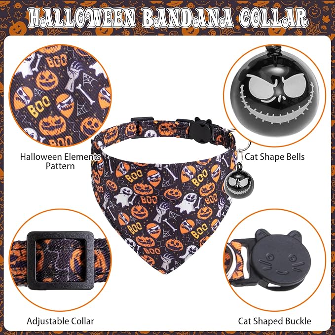 EXPAWLORER Halloween Cat Collar Breakaway with Removable Bowtie and Bandana, Adjustable Holiday Cute Kitten Collar with Pumpkin Bell, Ideal Festival Decoration Gift for Cats Puppies, 2 Pack