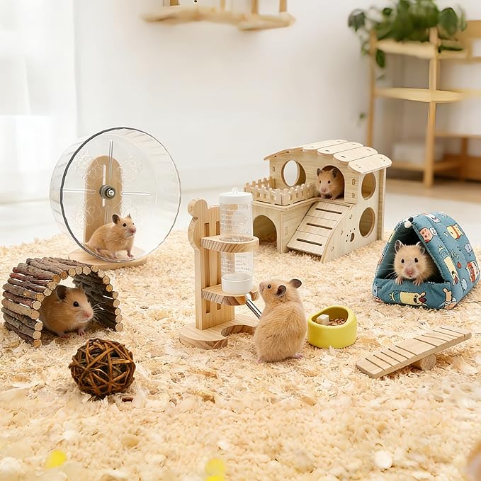 32 Pcs Hamster Cage Accessories, Silent Hamster Wheel, 22 Chew Toys Set, Wooden Hideout, Fleece House, Water Bottle Set, Ceramic Food Bowl for Rat Mice Small Animals Habitat Decor