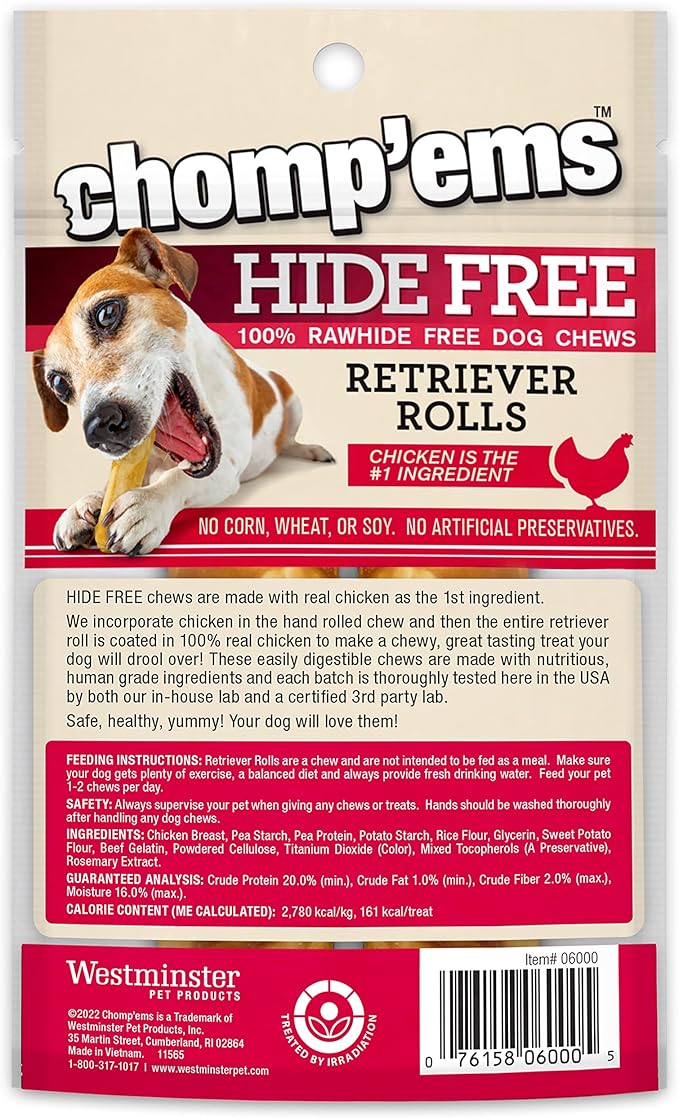 CHOMP 'EMS Chicken Hide Free Dog Chews - Rawhide Free Dog Treats - No Hide Alternative Chew Treat for All Life Stages, Roll, 4", 2 Count