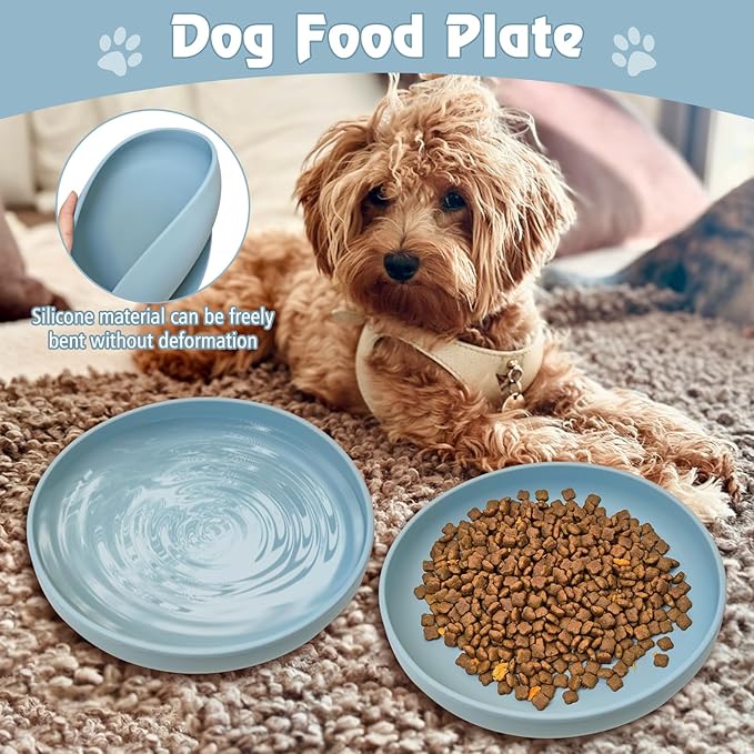 BNOSDM Silicone Dog Bowl Non-Slip Cat Food Plate 2 Pcs Flat Dog Bowls with Suction Cup Shallow Puppy Food and Water Dish for Small and Medium Pets (Gray-Blue)