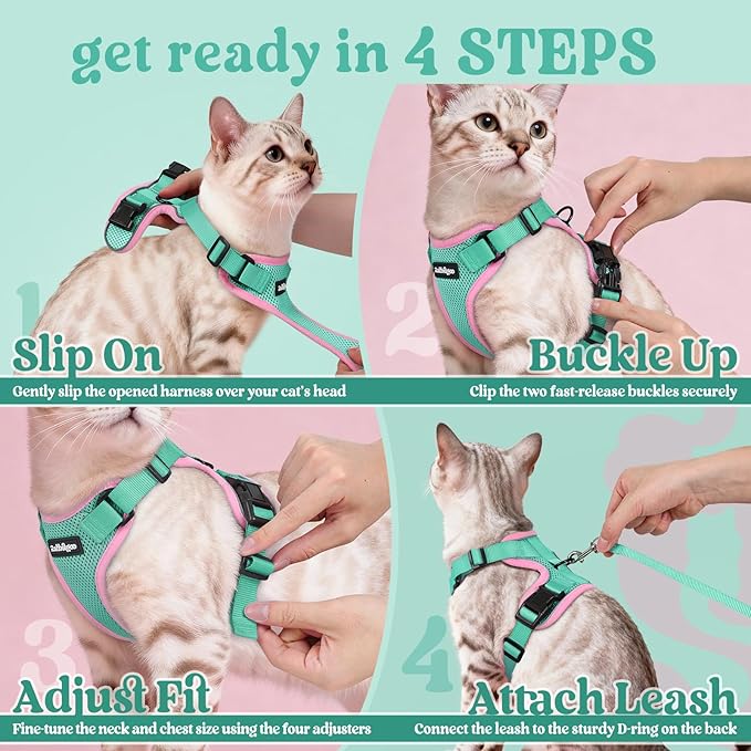rabbitgoo Cat Harness and Leash for Walking, Escape Proof Soft Adjustable Vest Harnesses for Cats, Easy Control Breathable Reflective Strips Jacket, Green&Pink, XS