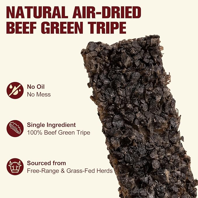 Green Beef Tripe Dog Treats, Irresistible Natural Chews Made with Grass-Fed Free-Range Beef Tripe, Single Ingredient, Gently Air-Dried, High Protein Training Reward for Dogs of All Ages