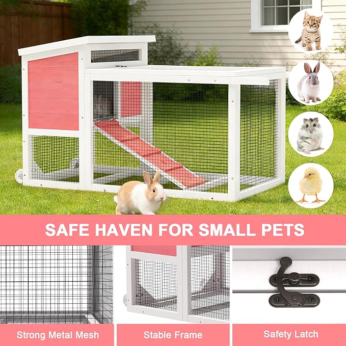 TIMHAKA 2-Story Rabbit Hutch, Insulated Bunny Hutch w/Chew-Proof Ramp & Wheels, Indoor/Outdoor Bunny Cage w/Leak-Proof Trays and Openable Waterproof Roof for Guinea Pig, Pink