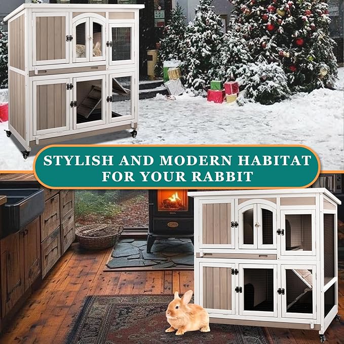 Rabbit Hutch Indoor and Outdoor 2-Story Rabbit Cage with Pull Out Tray,Fir Wood Pet House with Wooden Ramp,Waterproof Bunny Cage Indoor with 2 Asphalt Roofs,Grey (19.7" L x 42.7" W x 47.2" H-P33)