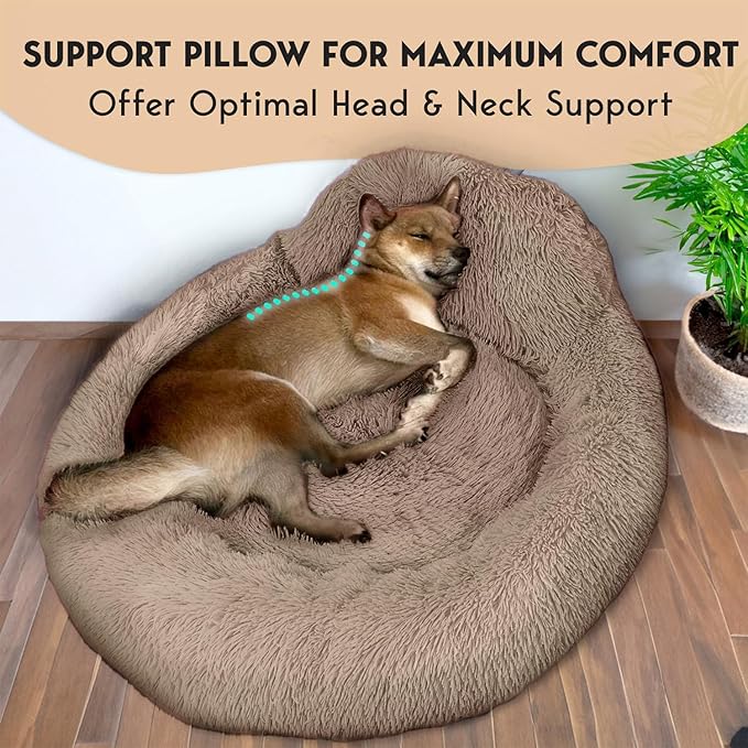 PetJett Calming Medium Dog Bed - 30'' Round Dog Beds, Anti-Slip & Washable Super Soft Fluffy Plush Donut Bed, Anti-Anxiety Premium Comfort Pet Bed, Fits Dogs up to 45 lbs - Beige