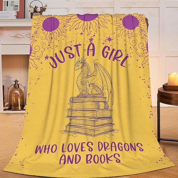 SweetFox Just A Girl Who Loves Dragons and Books Blanket Dragon Decor Throw Blanket Gifts for Girls Boys Lovers Super Warm Soft Plush Fleece Flannel Bedding Blankets for Kids Adults Men Women 50"X40"