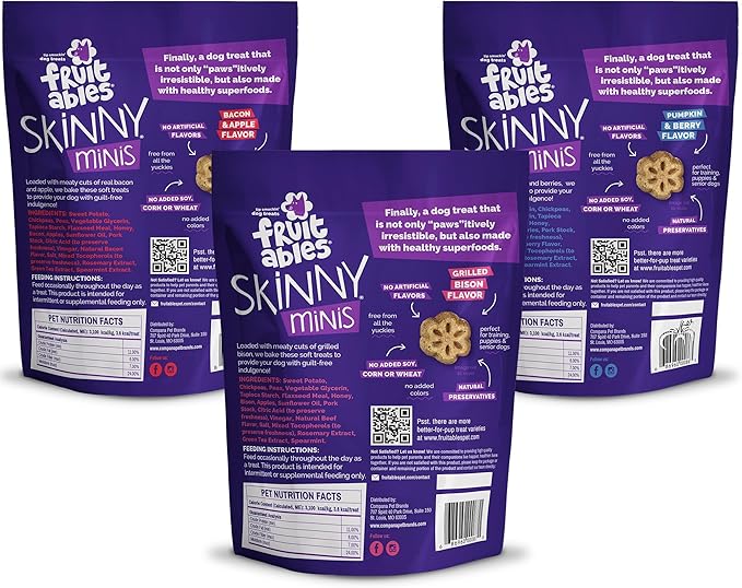 Fruitables Skinny Mini Low Calorie Dog Treats, Healthy Soft Sweet Potato Training Dog Treats for Senior Dogs or Pups, 12 oz (Variety Pack of 3)