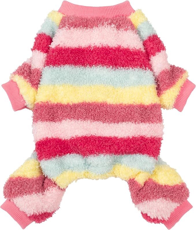 Fitwarm Fuzzy Striped Dog Fleece Pajamas, Warm Winter Clothes for Small Dogs Girl, Cozy Pet Outfit with Feet, Pink, Red, Yellow, XL