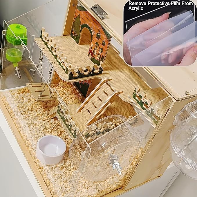11 in 1 Wooden Hamster Cage with All Accessories, 19.3" 3-Layer Dwarf Hamster Cage Acrylic,Small Animal Cages, Pastoral Style Mouse Cage for Mice, Hedgehog and Small Pets, with Stairs, Fences, Swing