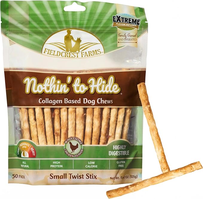Fieldcrest Farms Nothin' to Hide Twist Stix, Chicken Flavor, Easily Digestible, Supports Skin, Coat, Joints & Muscles, for Moderate Chewers Under 15lbs, 50 Pieces